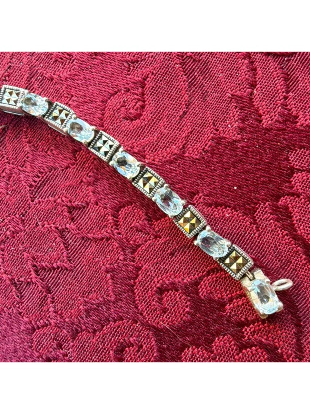 Vintage Sterling Silver 925 Blue Topaz Marcasite Tennis Bracelet 8